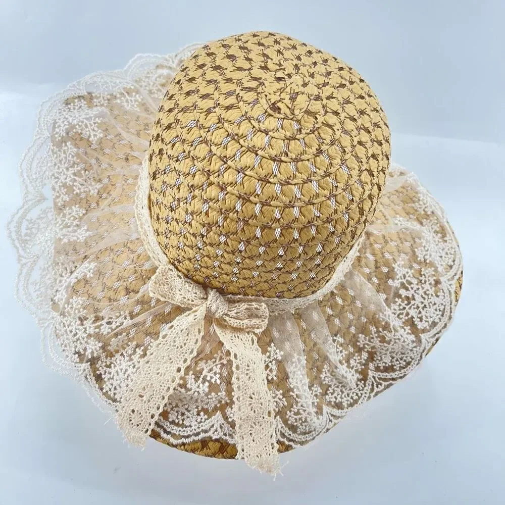 Women's Beach Straw Hat cottagecore Lace Chin Strap Outdoor Travel Panama One Si
